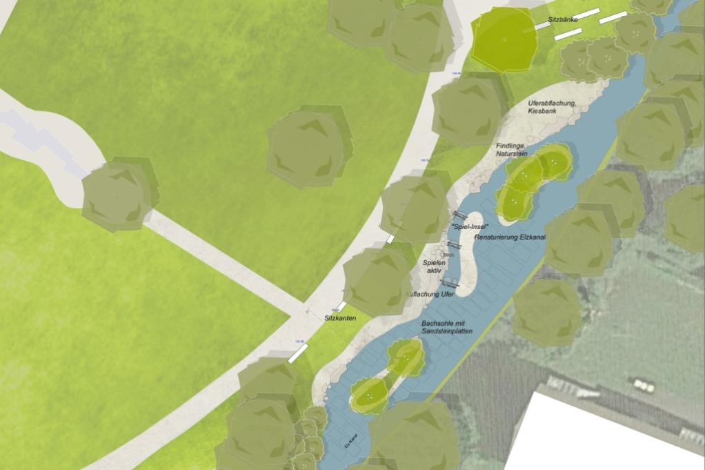Anhand der Bauzeichnung laesst sich gut erkennen, wie der Uferbereich des Wasserspielpatzes im Elzpark einmal aussehen soll. ©Stadt Mosbach