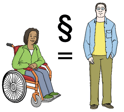 Frau in Rollstuhl Pragraph über Gleichzeichen Mann
